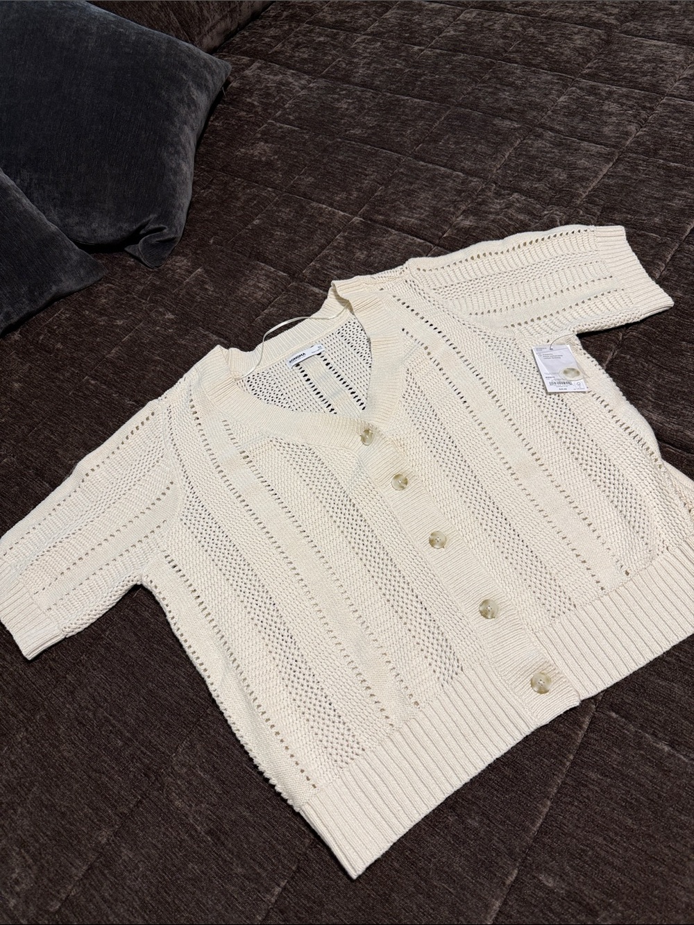 Sonoma Cream Openwork Knit Short Sleeve Cardigan